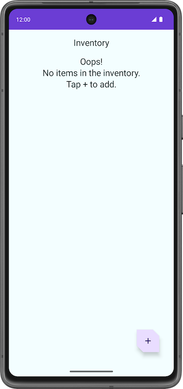 Écran de l&#39;application avec une liste d&#39;inventaire vide