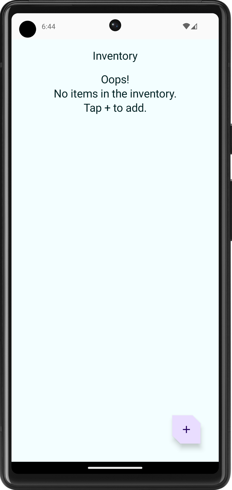 App screen with empty inventory list