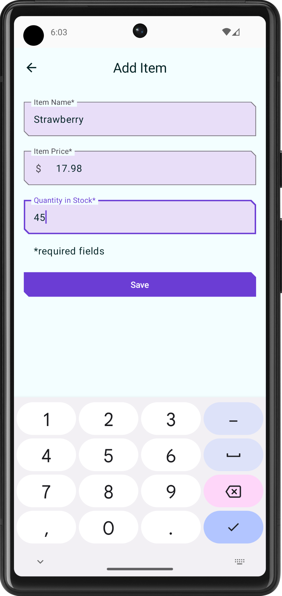 Phone screen with item details filled and save button enabled