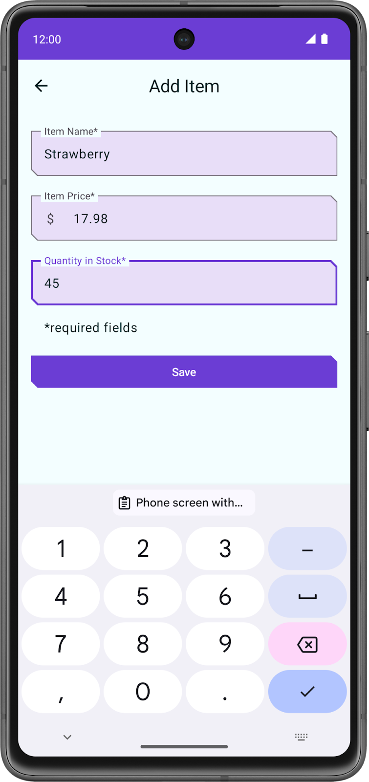 Écran de téléphone avec les détails de l&#39;article remplis et le bouton Save (Enregistrer) activé