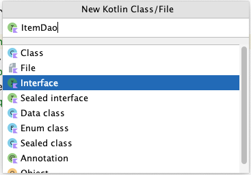 Ventana emergente de nueva clase de Kotlin con la interfaz seleccionada Campo de nombre completado como elemento DAO