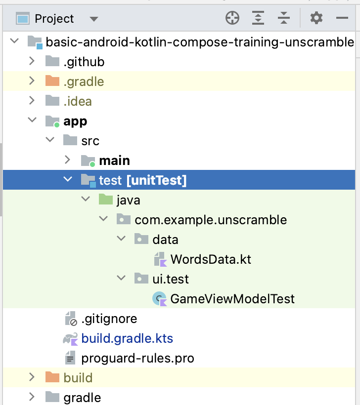 Test folder in Android Studio project pane