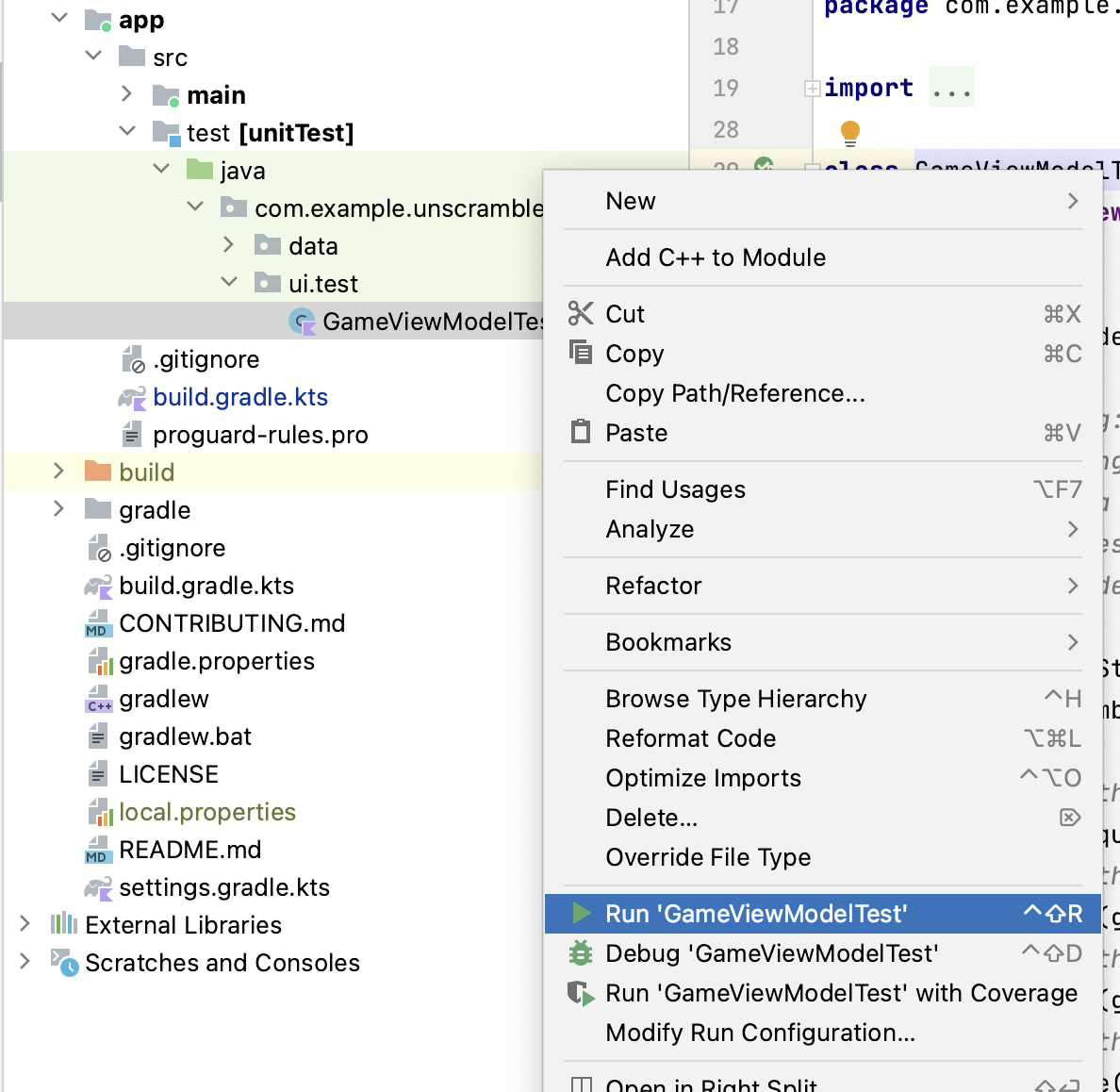 專案窗格，已選取「Run 'GameViewModelTest' with Coverage」