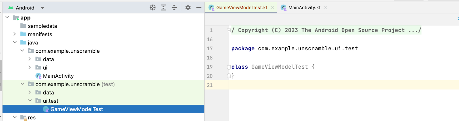 Visualização de projeto do Android Studio mostrando o pacote ui.test recém-criado e o arquivo do modelo de visualização de jogos  f98067499852bdce.png