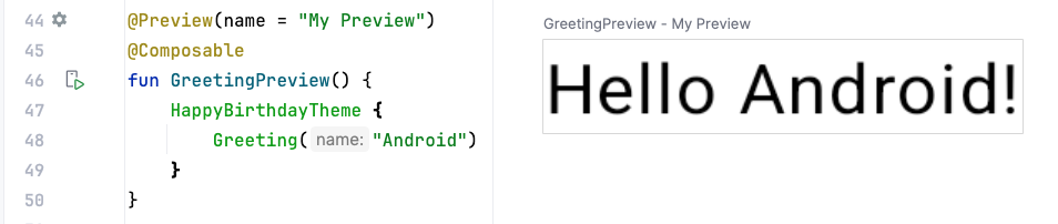 Captura de pantalla de Android Studio en la que se muestra el código y la vista previa