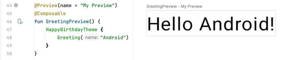 コードとプレビューを示す Android Studio のスクリーンショット