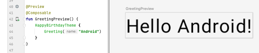Android Studio 屏幕截图，显示了代码和预览