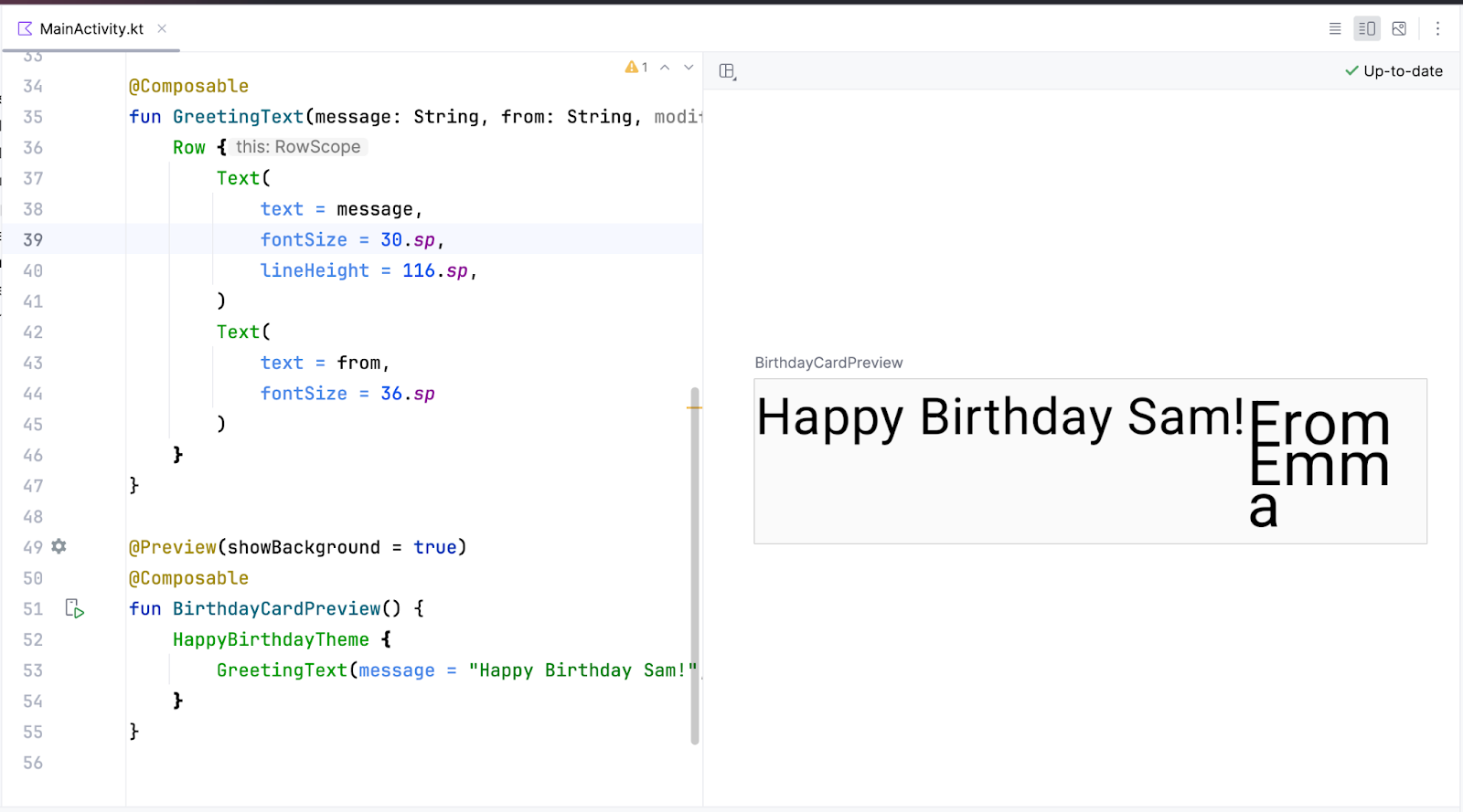 Birthday greeting and signature are displayed next to each other in a row.