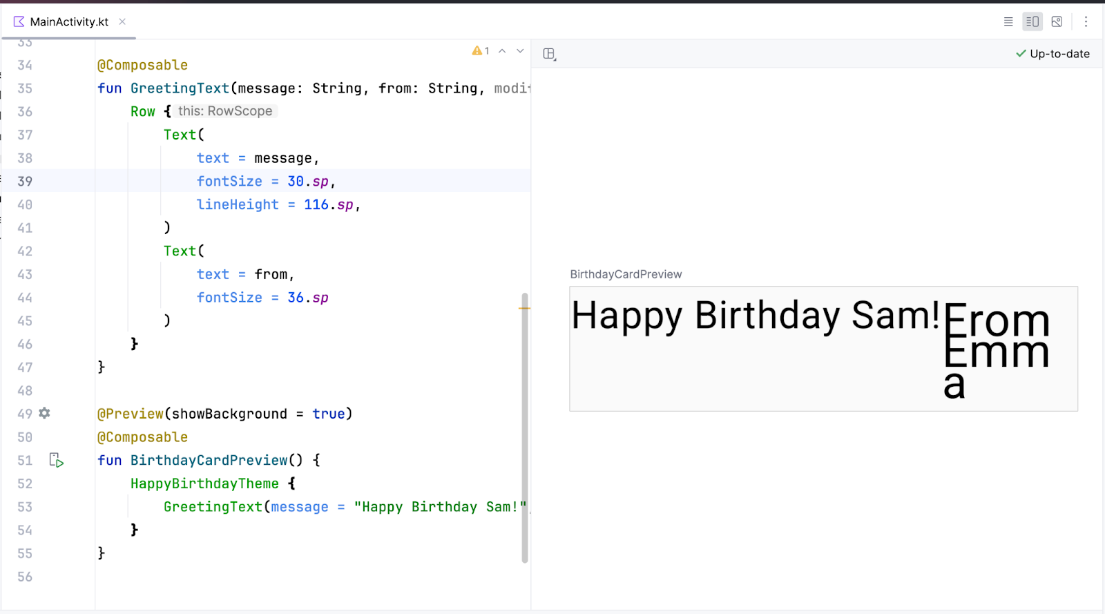 Le message d&#39;anniversaire et la signature sont affichés sur une ligne, l&#39;un à côté de l&#39;autre.
