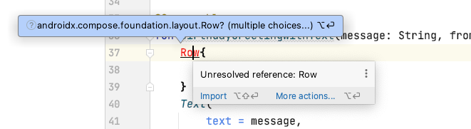 Row function is highlighted with two popups one showing unresolved error another showing the import  