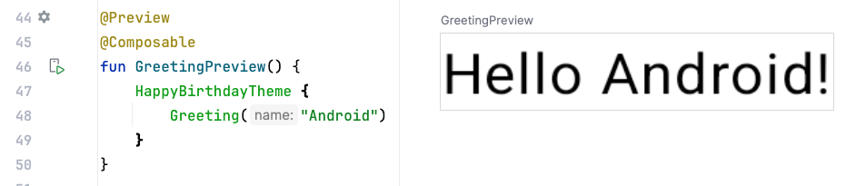 コードとプレビューを示す Android Studio のスクリーンショット