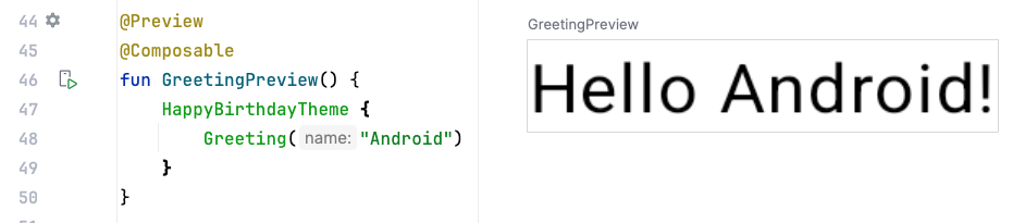 Screenshot Android Studio yang menampilkan kode dan pratinjau