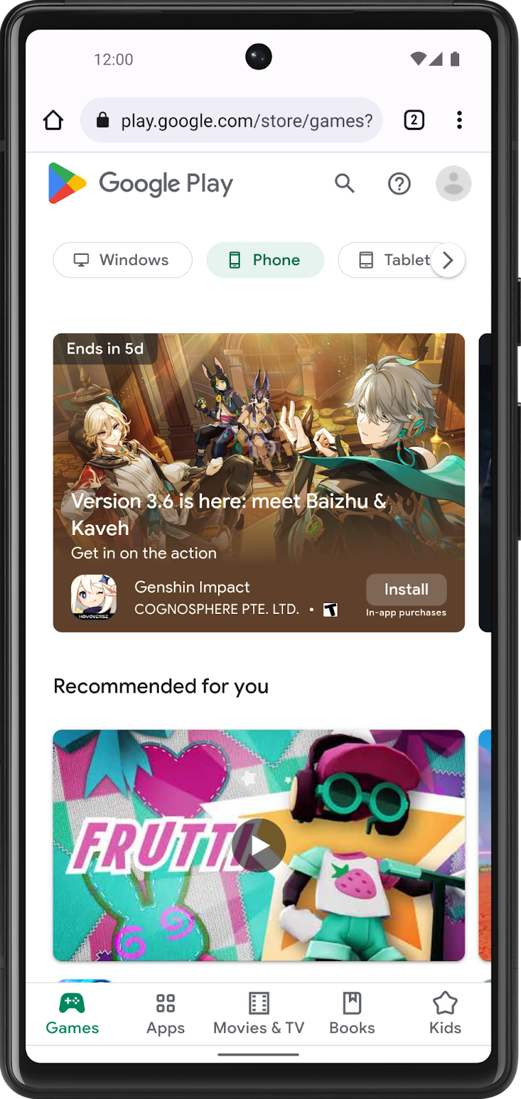 Layar ponsel yang menampilkan play store menampilkan aplikasi yang direkomendasikan