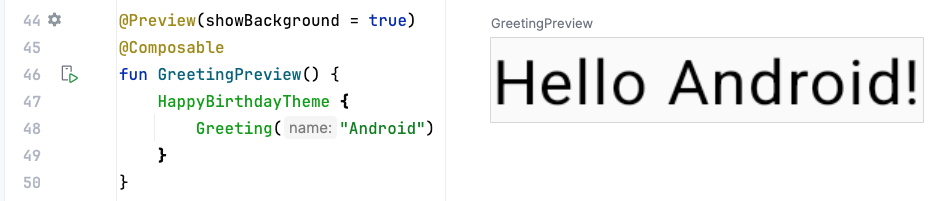 Android Studio 屏幕截图,显示了代码和预览
