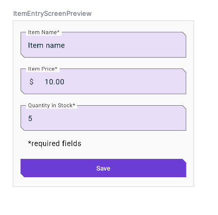 Edit item layout with item name item price and quantity in stock felids