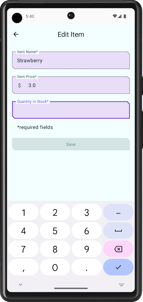 Edit Item  screen with Save button disabled