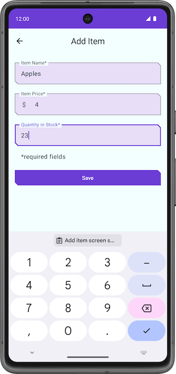 Écran &quot;Add Item&quot; (Ajouter un article) avec les détails de l&#39;article renseignés.
