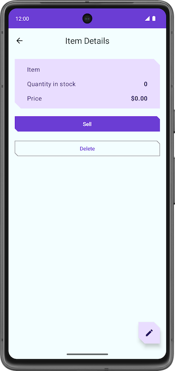 Pantalla Item Details con datos vacíos