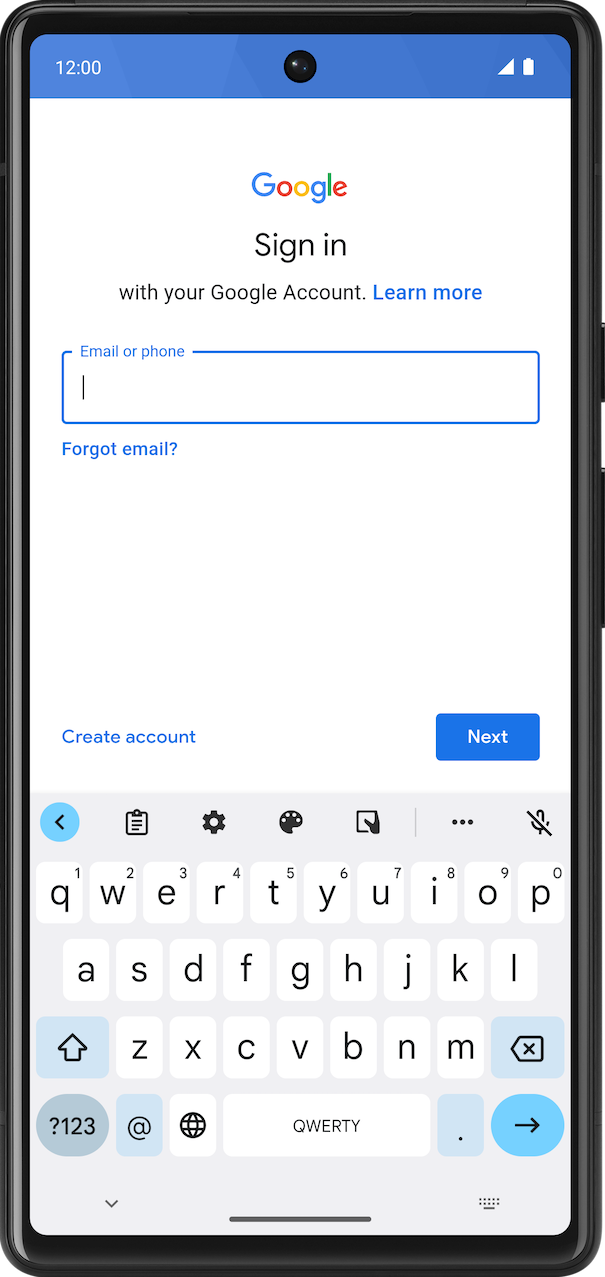 一个显示 Gmail 应用的手机屏幕,其中有用于输入电子邮件地址的文本字段