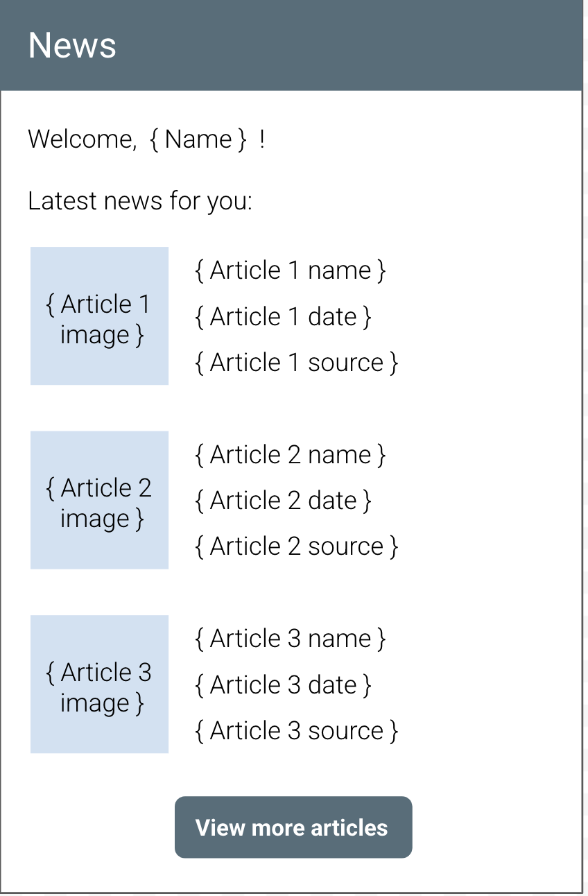 Illustration of a sample news app This illustration shows a sample News app. The contents of the screen starts with a welcome message where the name is left as placeholder for the user's actual name. Then there is some text that says