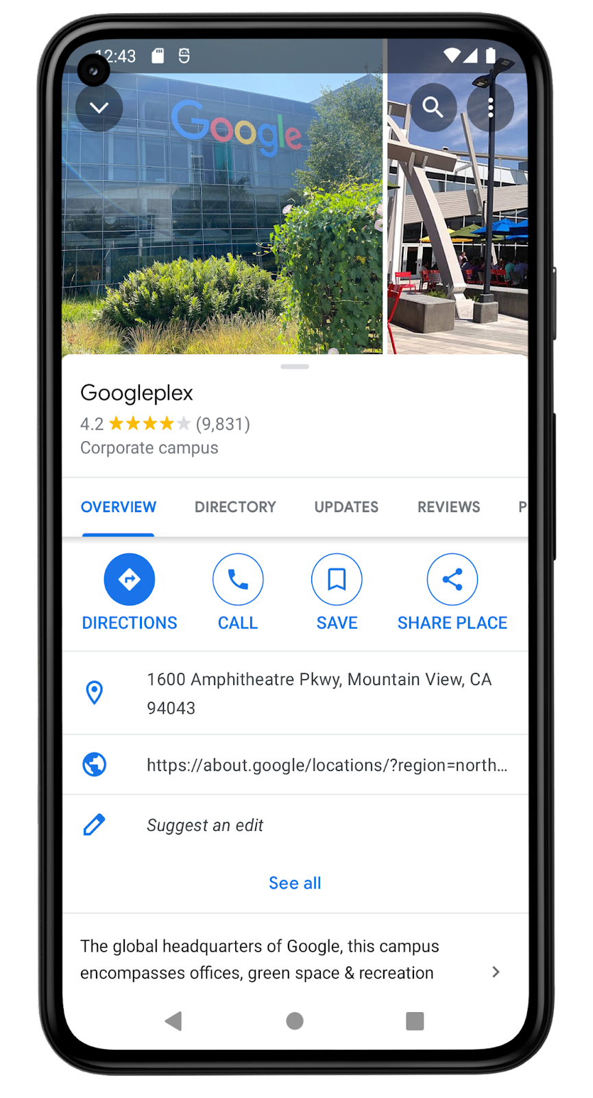 Screenshot aplikasi Google Maps ini menampilkan detail lokasi Googleplex. Ini adalah kampus perusahaan dan digambarkan sebagai kantor pusat global Google. Lokasi ini memiliki rating 4,2 bintang dari 9.831 ulasan. Alamatnya di 1600 Amphitheatre Pkwy, Mountain View, CA 94043. Layar ini menyediakan opsi bagi pengguna untuk menyimpan lokasi ini dalam daftar.