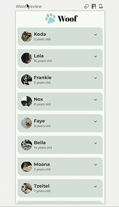 Animation of Woof list items expanding and contracting 