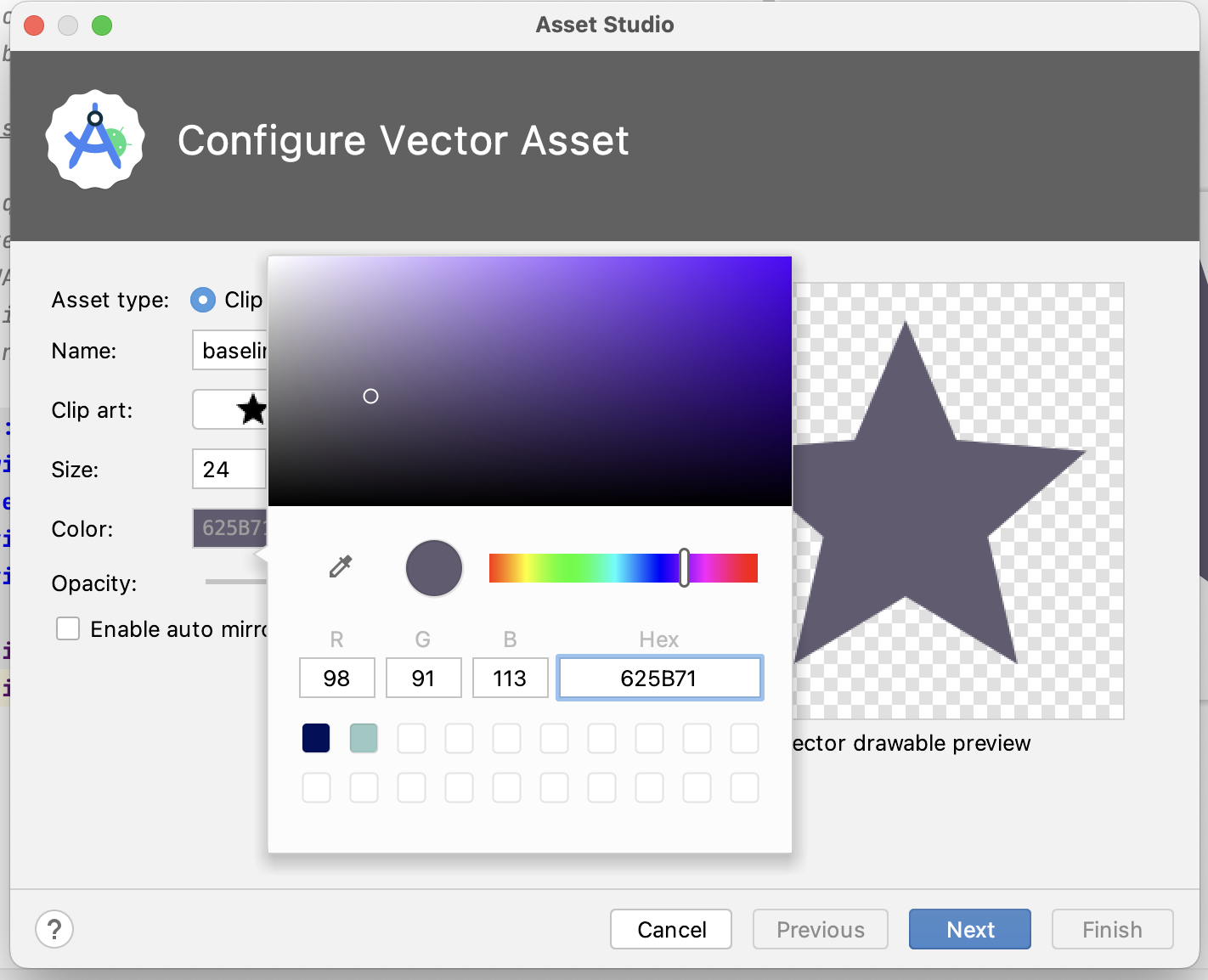 Dialog Asset studio dengan konfigurasi aset dan warna vektor 