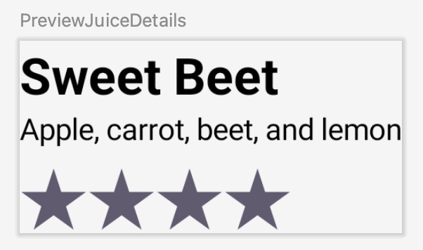 with juice name juice description and star rating bar
