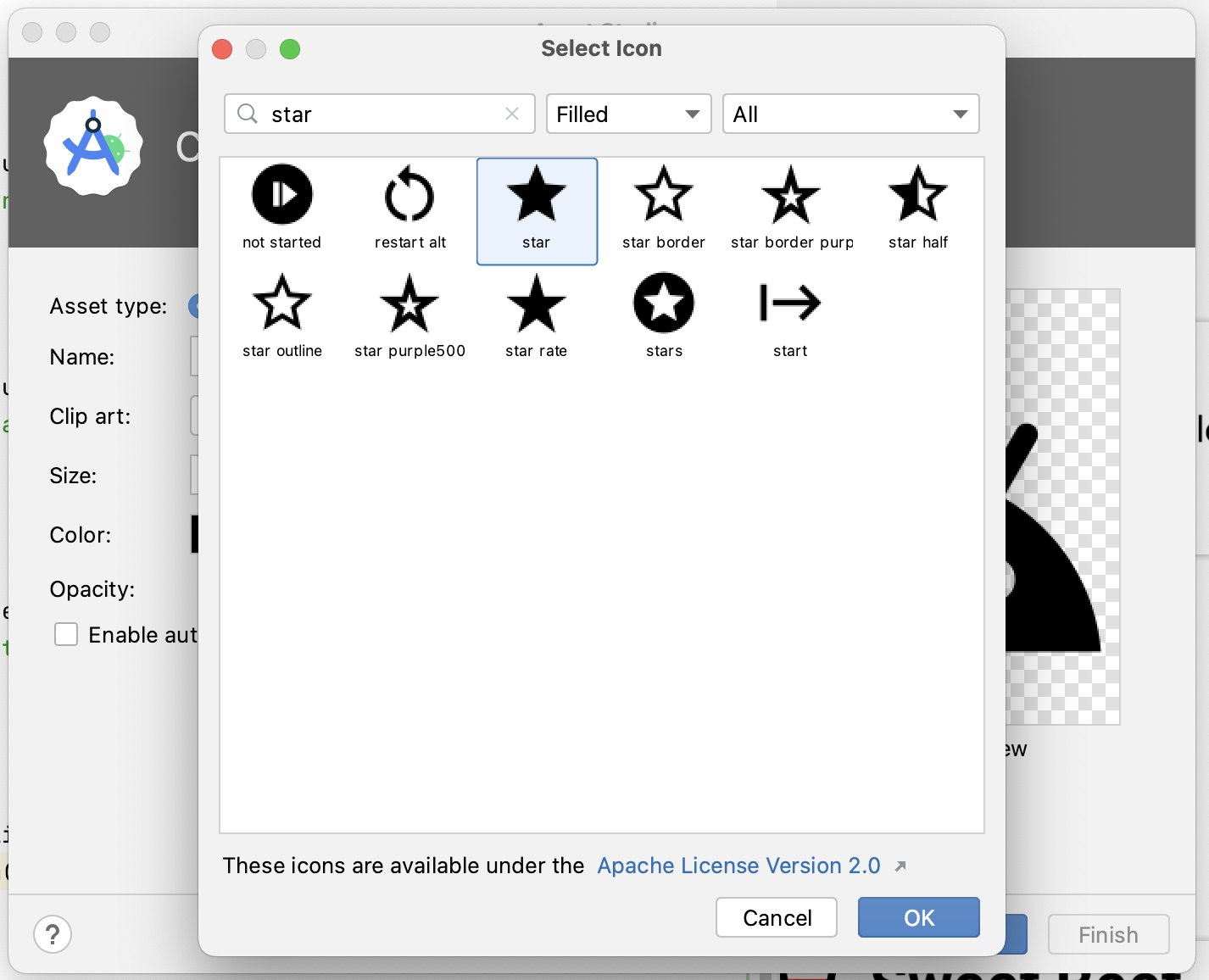 Select icon dialog with start icon selected 