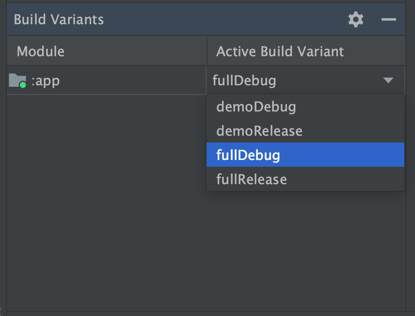 Active Build Variant 메뉴가 표시된 Build Variants 도구 창