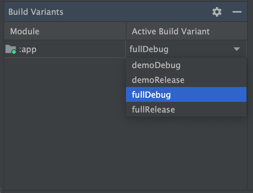Fenêtre de l'outil Build Variants avec le menu "Active Build Variant" affiché
