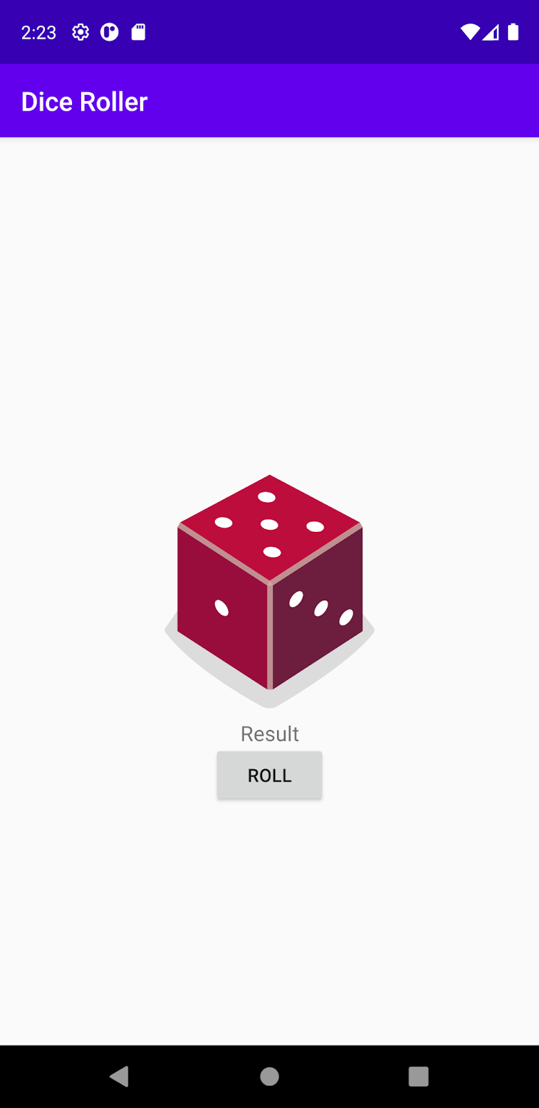 Aplikasi DiceRoller dengan kotak yang bertuliskan "Result" sebagai placeholder.