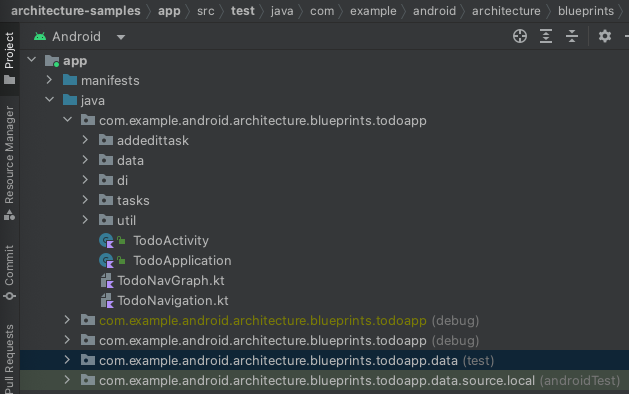 A janela do explorador "Project" do Android Studio na visualização "Android".