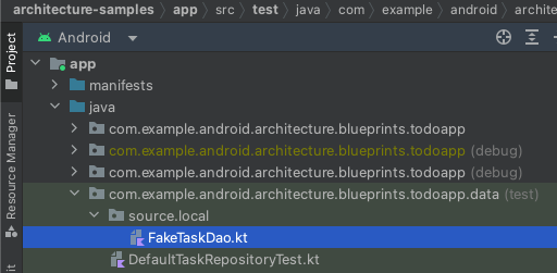The FakeTaskDao.kt file in the Project folder structure.
