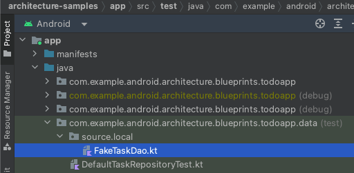 El archivo FakeTaskDao.kt en la estructura de carpetas del proyecto.