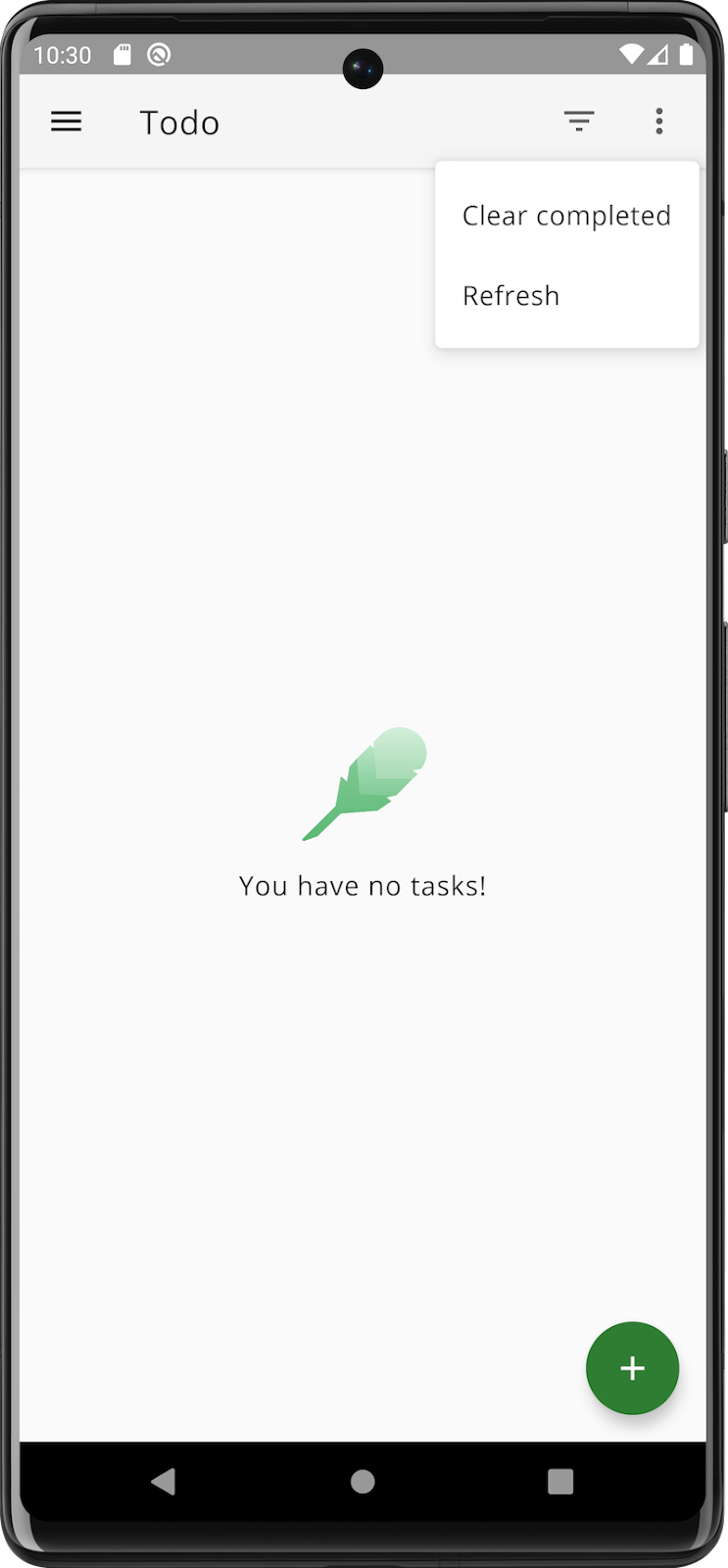 The app’s tasks screen with the action menu displayed.