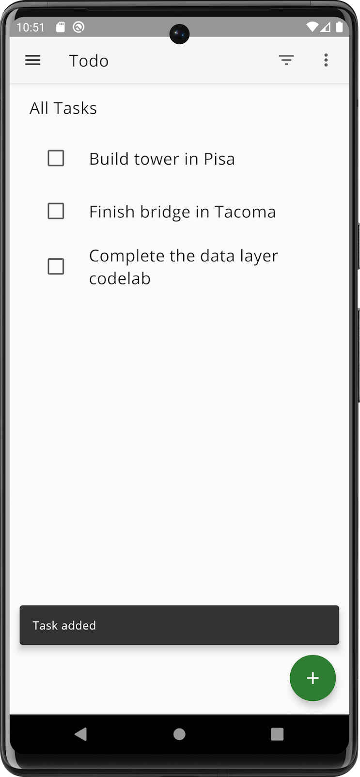 The app’s tasks screen after a task has been added.