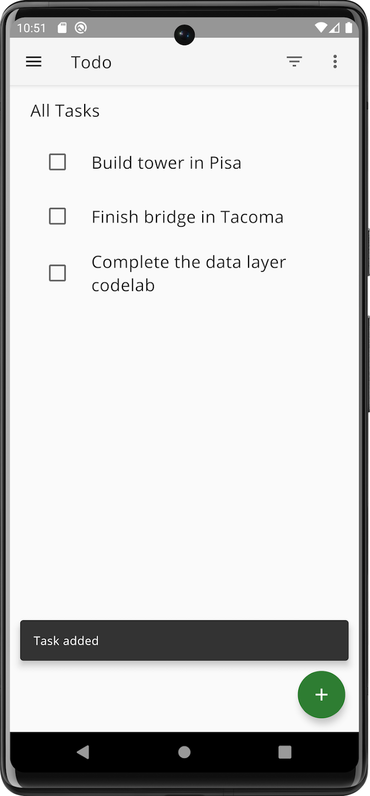 La pantalla de tareas de la app después de agregar una tarea.