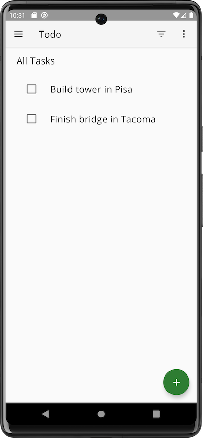 La pantalla de tareas de la app con dos tareas.