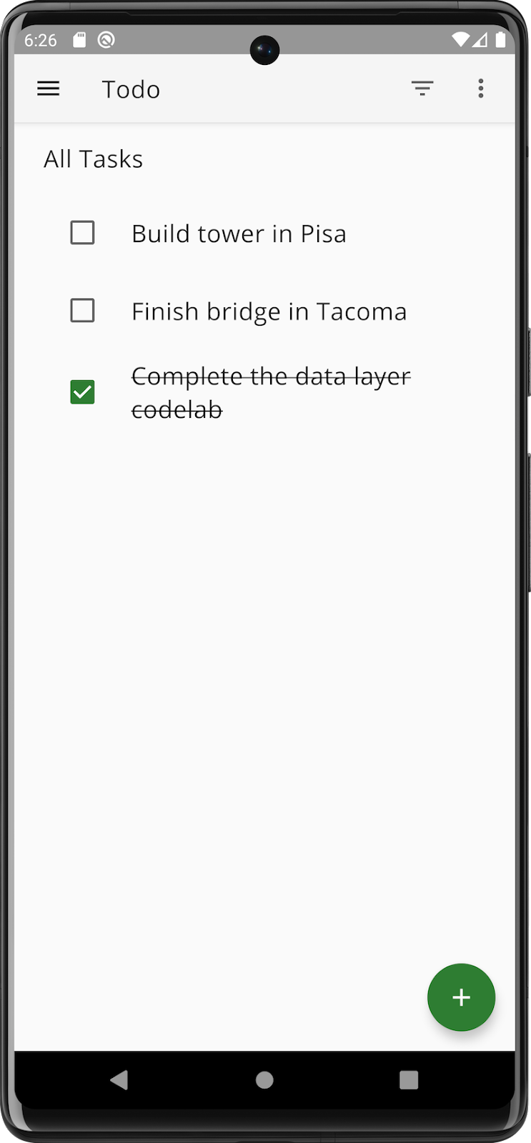 La pantalla de tareas de la app en la que se muestra una tarea completada.