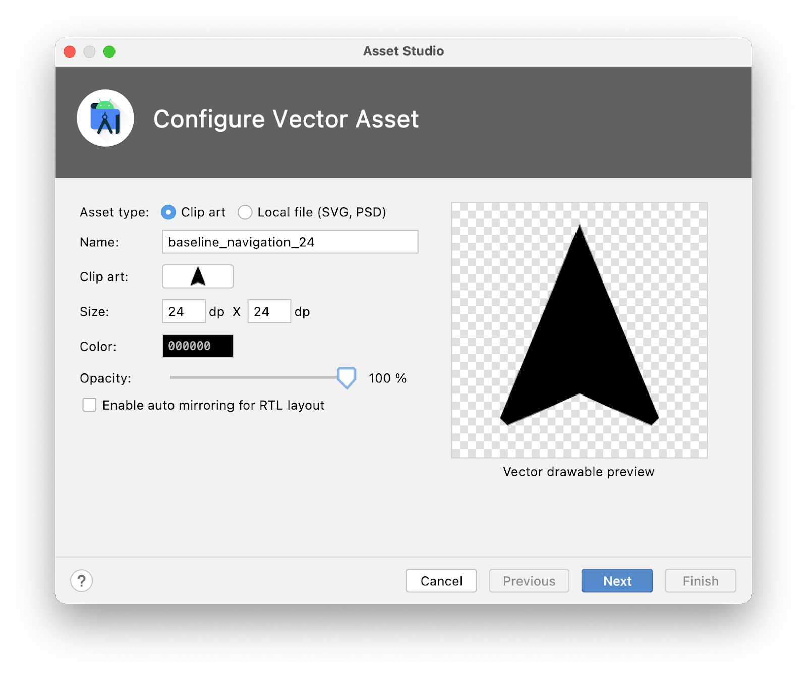 Assistant Asset Studio affichant les valeurs mentionnées ci-dessus.