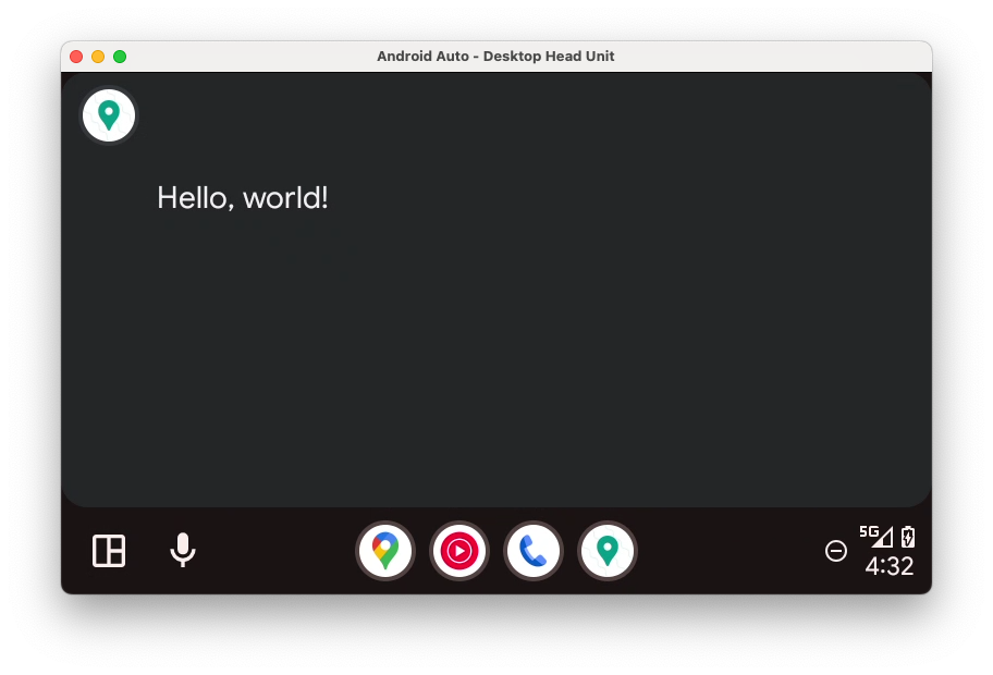 The app shows a basic 'Hello, world' screen