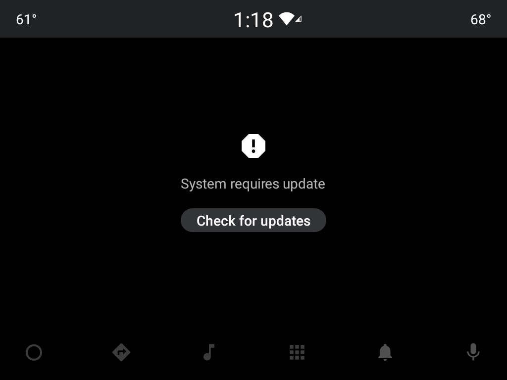 L&#39;application affiche un écran indiquant &quot;System update required&#39; (Mise à jour système requise) avec un bouton &quot;Check for updates&quot; (Rechercher les mises à jour) juste en dessous.