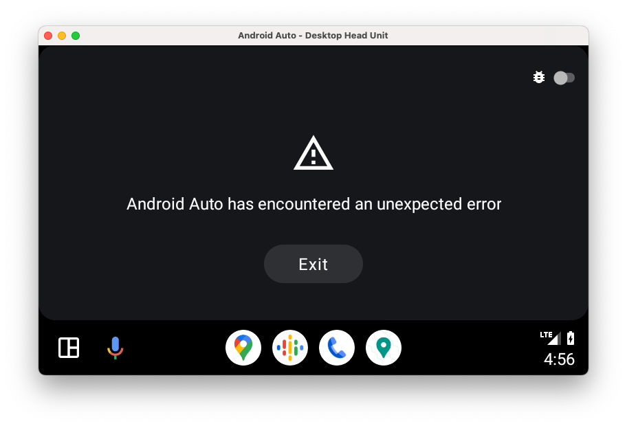 There is an error screen with the message 'Android Auto has encountered an unexpected error'. There is a debug toggle in the upper right corner of the screen.