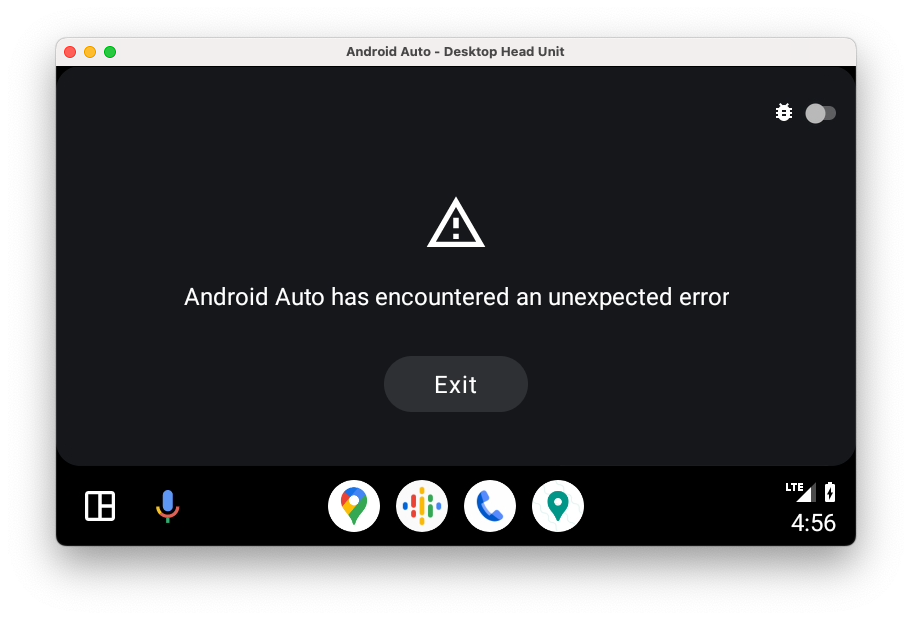 Un écran d&#39;erreur affichant le message &quot;Android Auto has encountered an unexpected error&quot; (Android Auto a rencontré une erreur inattendue). Il y a un bouton d&#39;activation/désactivation du débogage en haut à droite de l&#39;écran.