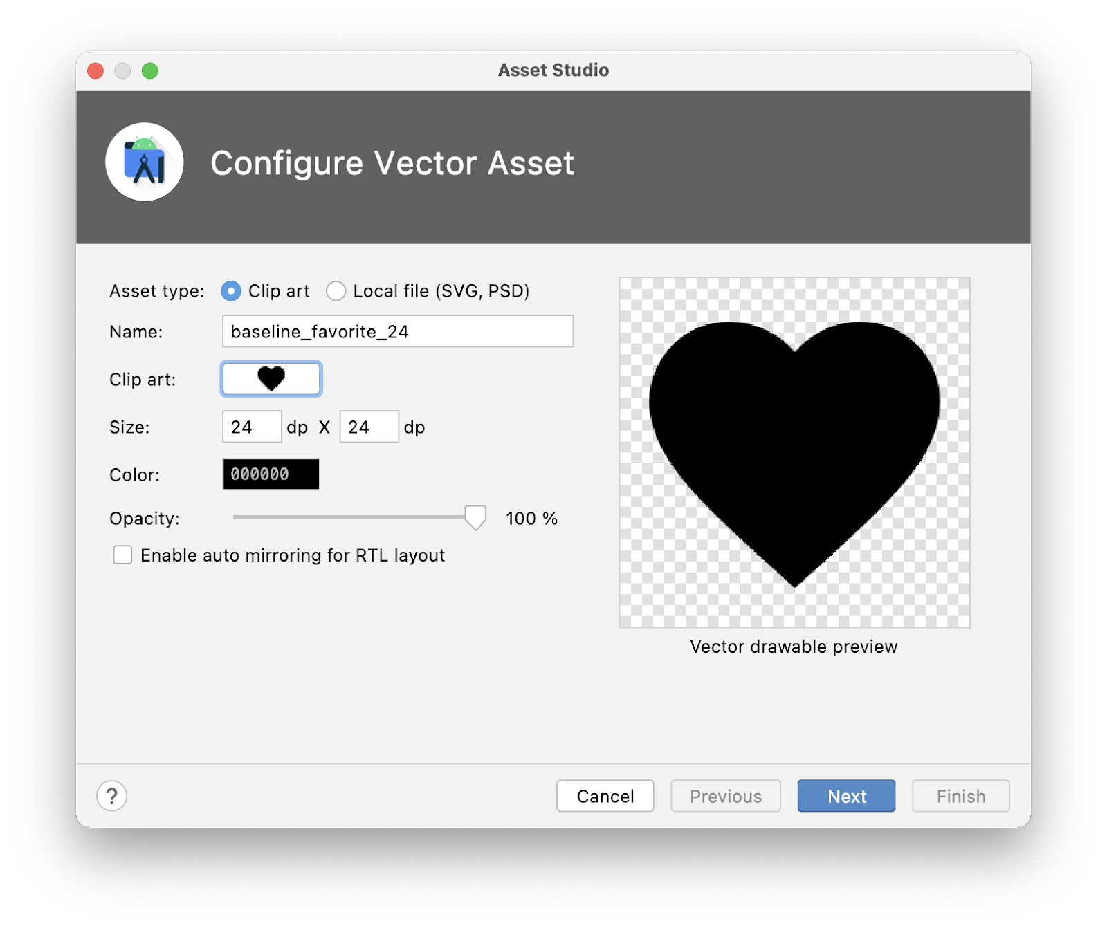Assistant Asset Studio affichant les valeurs mentionnées ci-dessus.