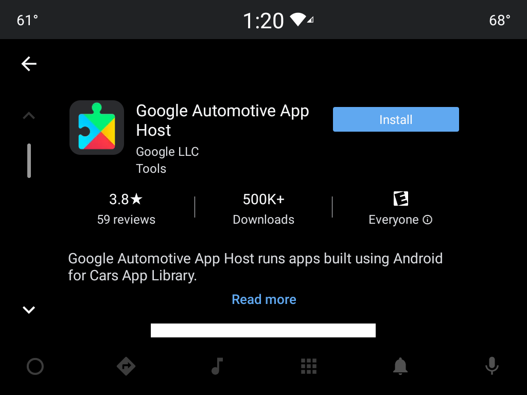 Google Automotive App Host Play 스토어 페이지의 오른쪽 상단에 &#39;Install&#39; 버튼이 있습니다.