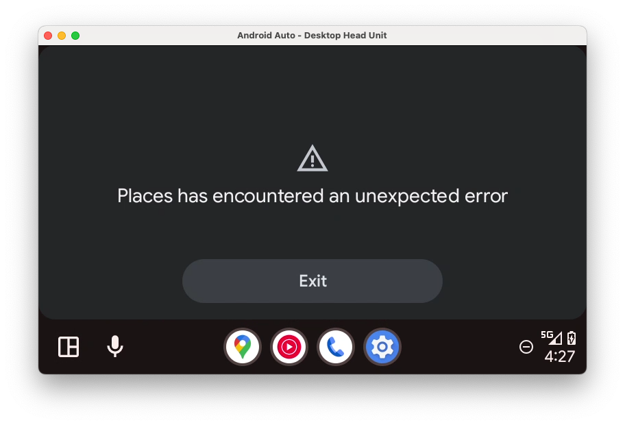 There is an error screen with the message 'Android Auto has encountered an unexpected error'. There is a debug toggle in the upper right corner of the screen.