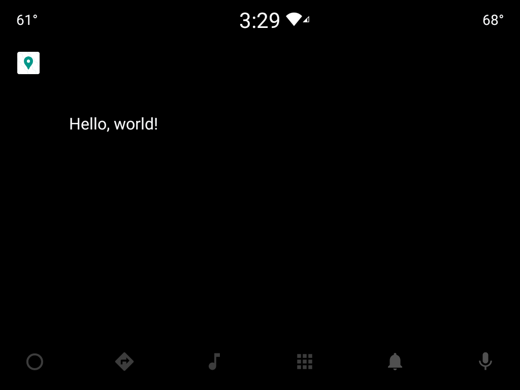 The app shows a basic 'Hello, world' screen
