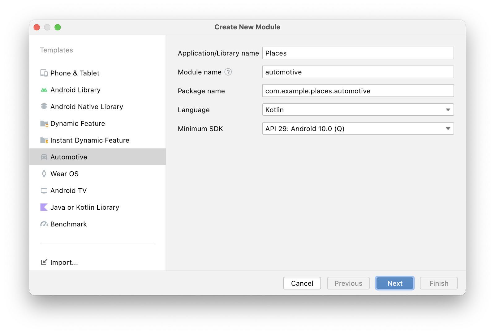 L&#39;assistant &quot;Create New Module&quot; (Créer un nouveau module) pour le module Android Automotive OS affichant les valeurs listées ci-dessus.